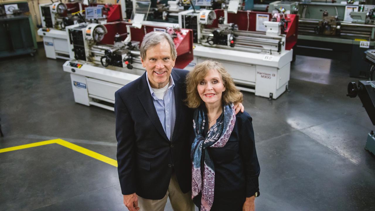 John ’69 and Melinda Baum in the Engineering Student Design Center (ESDC) in Bainer Hall. Photo: Reeta Asmai/UC Davis.